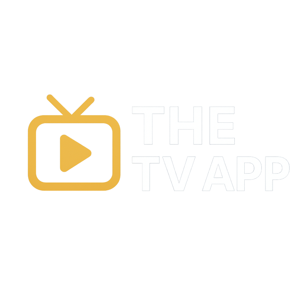 TheTVApp Logo of "The TV App" featuring a yellow television icon with a play button on the left and white text reading "THE TV APP" on a blue and gray gradient background.