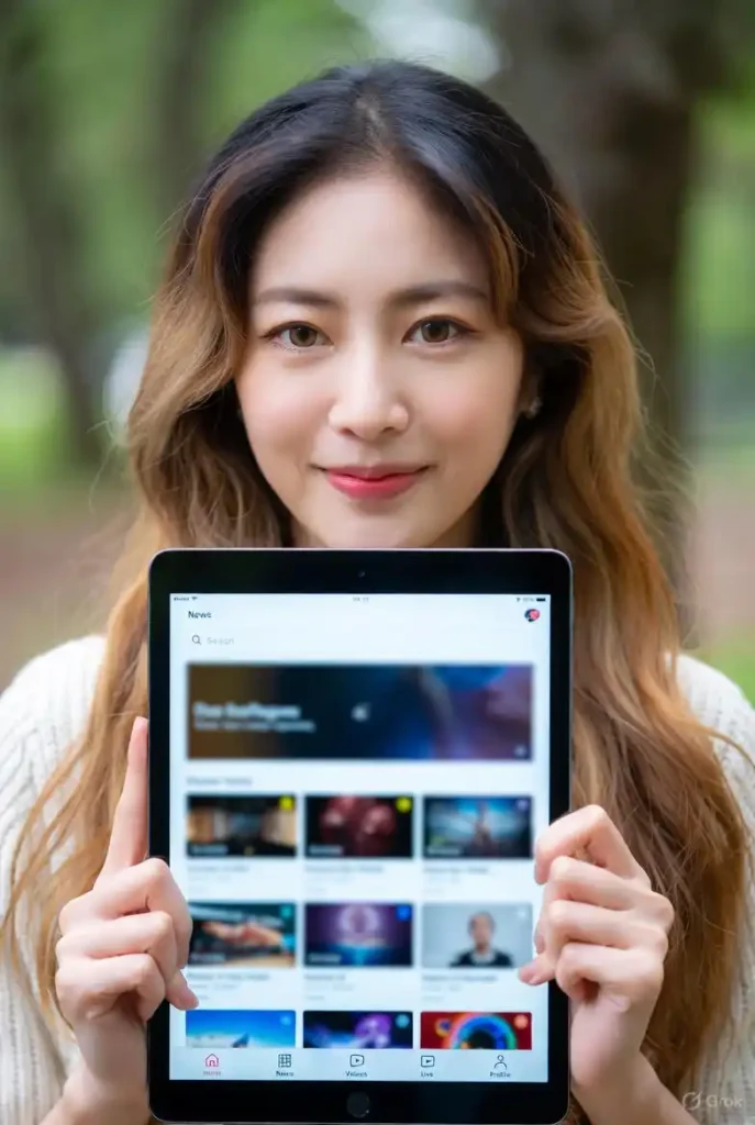 Tablet displaying TheTVApp news channels and video thumbnails held by a user, promoting free live news streaming on TheTVApp.