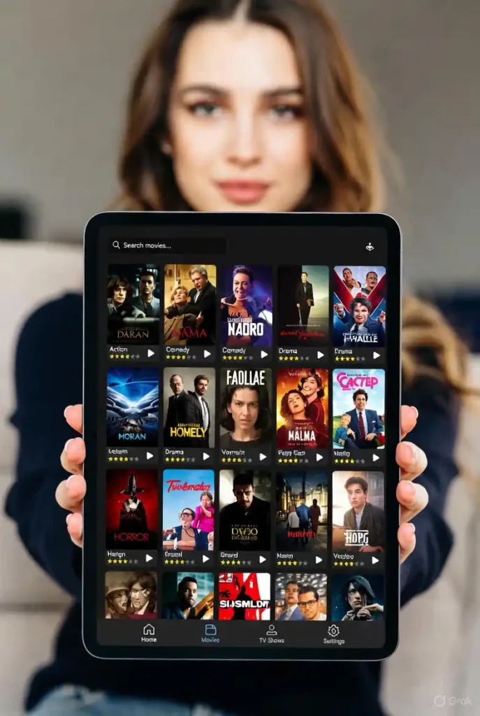 Tablet screen showing TheTVApp movie catalog with multiple genres as a user presents the device, promoting downloading or accessing The TV App.