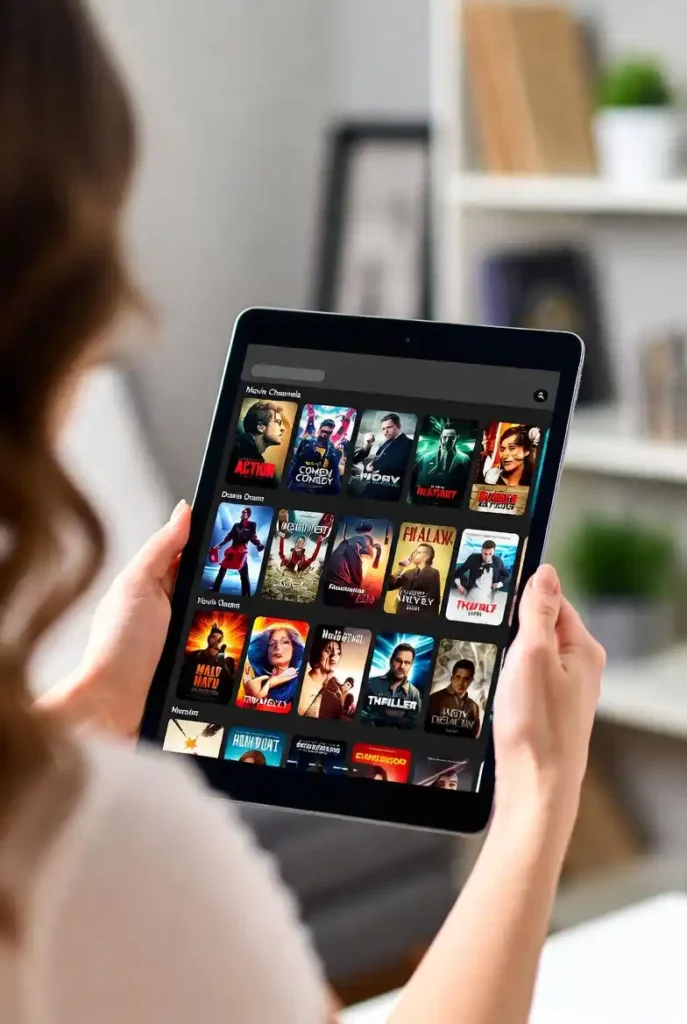 A user browsing The TV App movie channels on a tablet, showing various film thumbnails and categories in a modern streaming interface.