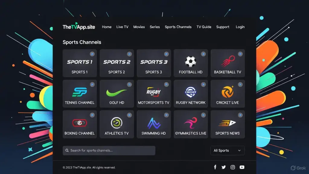 TheTVApp interface showing Sports Channels including Sports 1, Football HD, Tennis Channel, Rugby, Cricket Live, and more